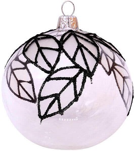 Gennemsigtig hvid julekugle med sort glitter blade